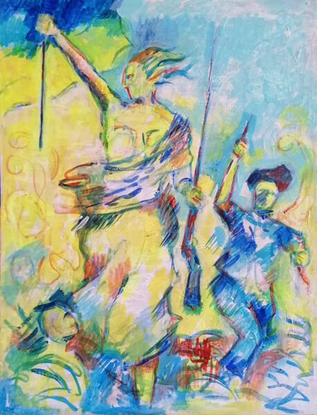 Frihed for Ukraine (2022). Skitse. 40cm x 50cm. Frit efter Eugéne Delacroix, Friheden fører folket (1830).