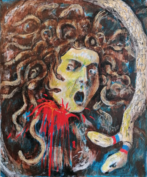 Frihed for Ukraine (2024). 50cm x 60cm. Frit efter Caravaggio, Medusa (1597).